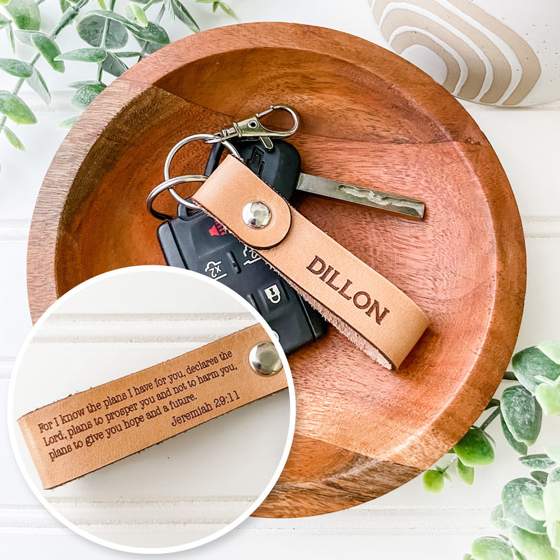 Hello Holly LLC Personalized Leather Keychain with Bible Verse Baskerville